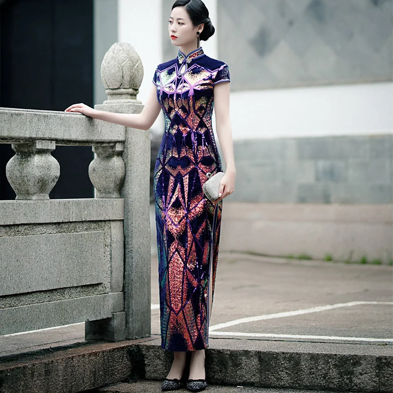 Floral Sequins Cap Sleeve Traditional Cheongsam Qipao Mother Dress