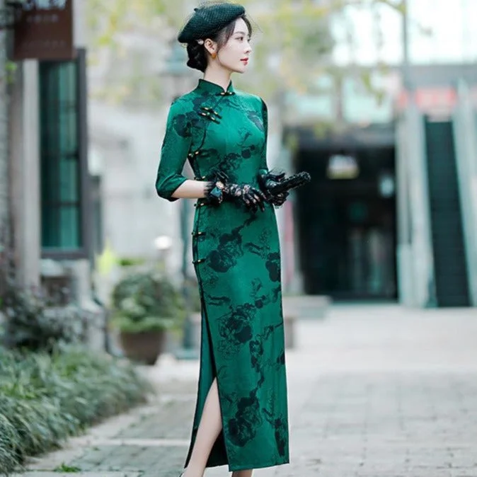 Floral Silk Blend Full Length Cheongsam Mother Dress