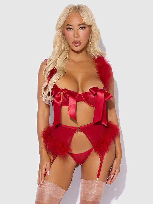 Scarlett Open Cup Marabou Bra, Garter & G-String Set