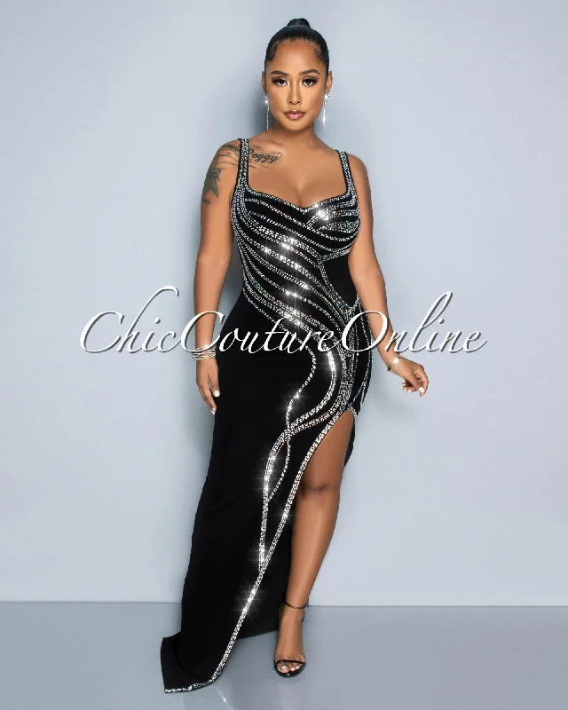 Galienne Black Mesh Rhinestones Leg Slit Maxi Dress