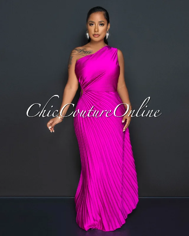 Genevieve Magenta Pleated Single Shoulder Silky Maxi Dress