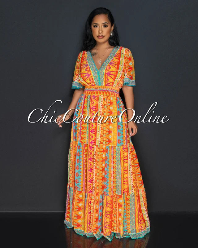 Glendie Orange Print Smoked Waistband Ruddle Hem Maxi Dress