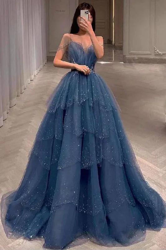 Gorgeous Blue Sparkly Tulle Beaded Prom Dress, Tiered Formal Gown With Rhinestone gh1001