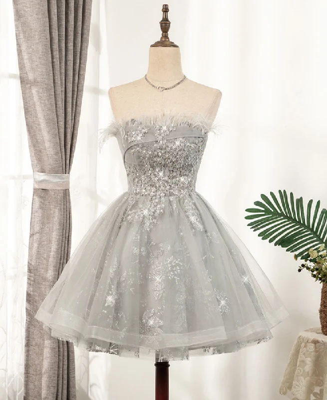 Gray tulle sequins short prom dress  8331