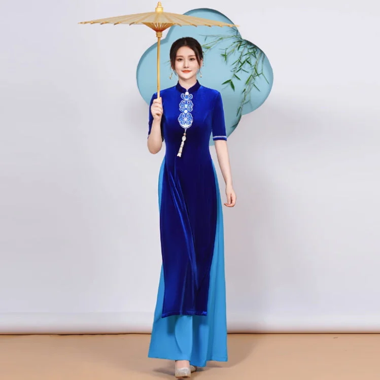 Half Sleeve Floral Embroidery Cheongsam Top Velvet Vietnamese Ao Dai Dress