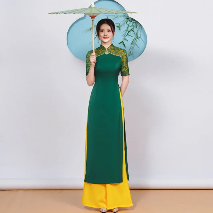 Half Sleeve Mandarin Collar Cheongsam Top Vietnamese Ao Dai Dress