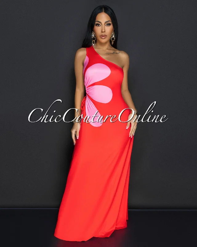 Hanaya Red Pink Single Shoulder Maxi Dress