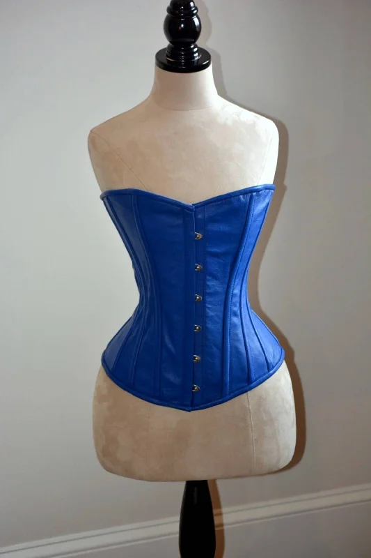 Hand dyed real leather classic overbust steel-boned authentic heavy corset, blue color. Wedding, gothic, steampunk, gf'f gift corset