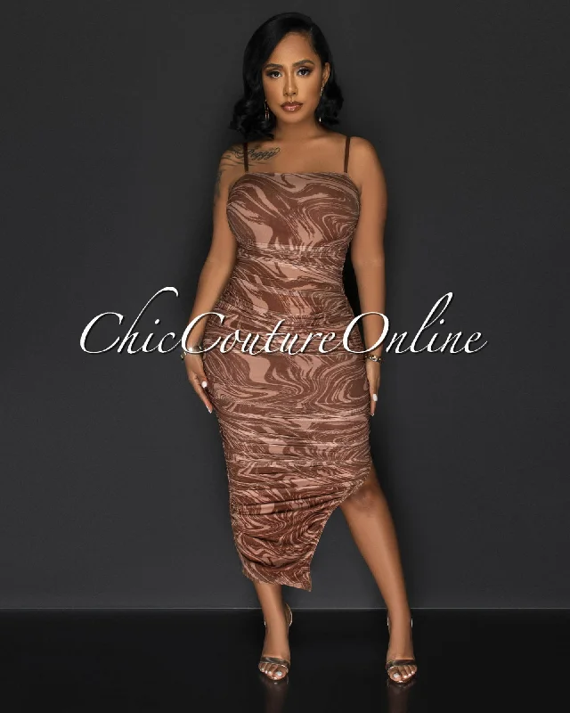 Henley Brown Print Mesh Ruched Side Slit Maxi Dress