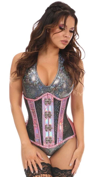 Holo Fishnet Steel Boned Under Bust Corset in Pink/Black