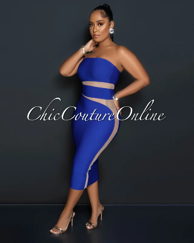 Jetta Royal Blue Nude Mesh Accent Bandage Midi Dress