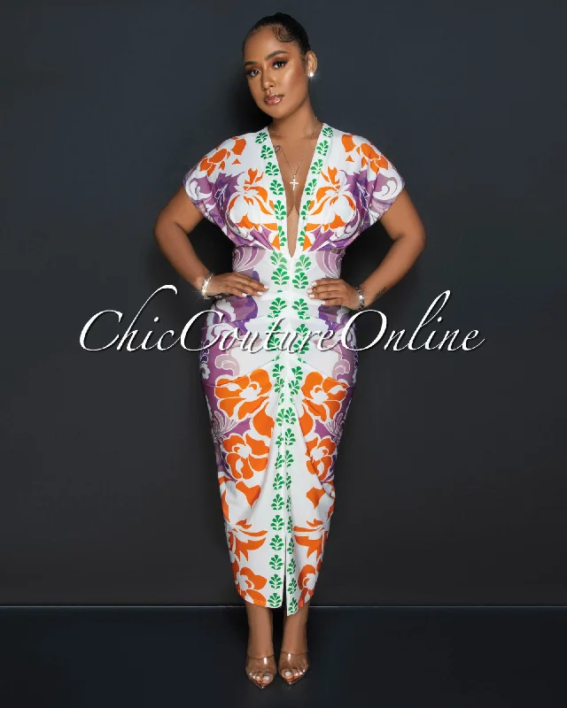 Keeya Tofee Multi-Color Print Deep V Neck Draped Maxi Dress