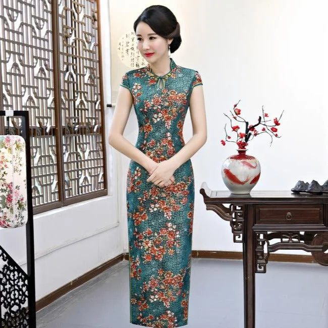 Key Hole Neck Cap Sleeve Cheongsam Floral Lace Chinese Dress