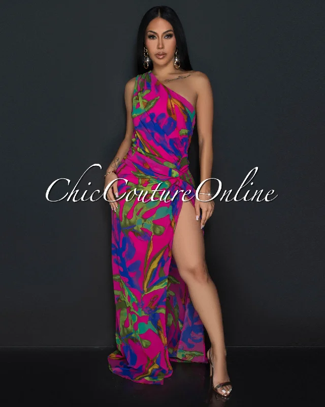 Kimia Green Fuchsia Single Shoulder Twist Maxi Dress