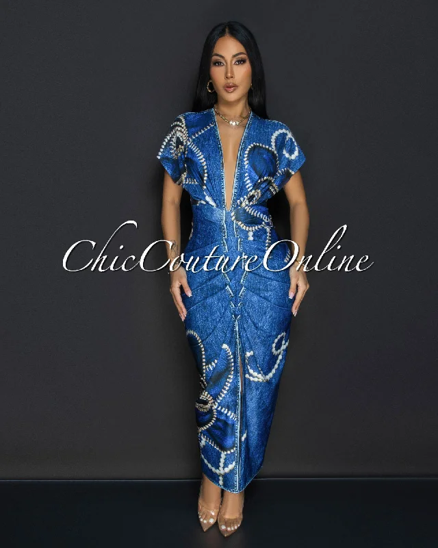 Kysha Denim Pearl Print Deep V Neck Maxi Dress