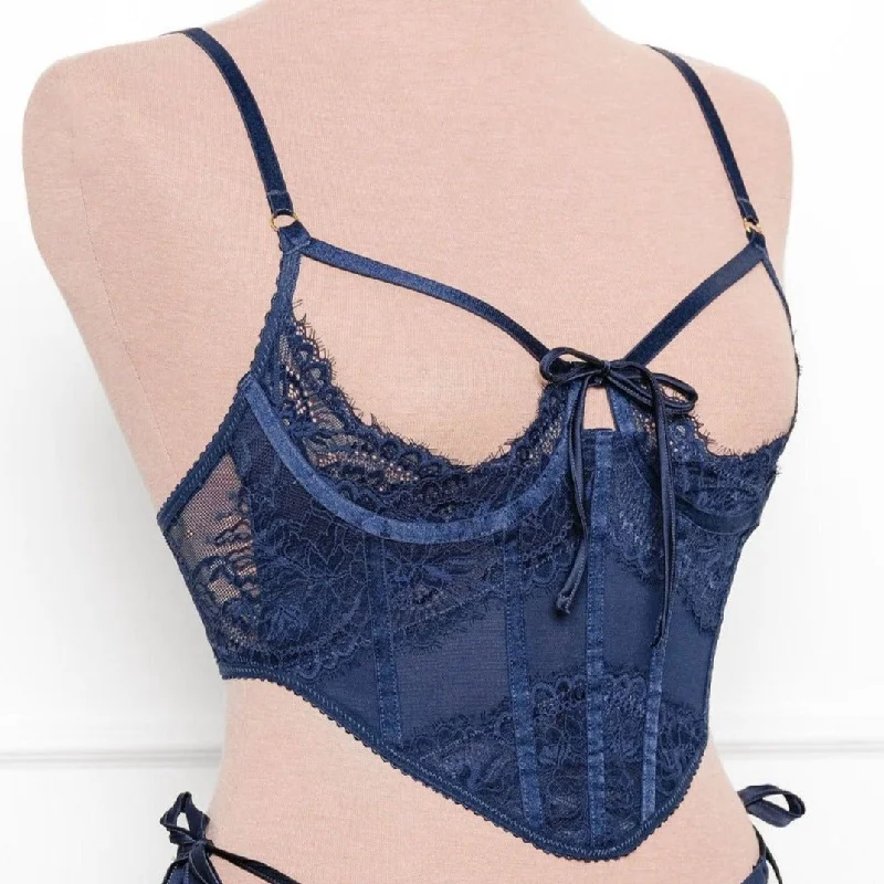 Lacy Underwire Cupless Corset - Navy