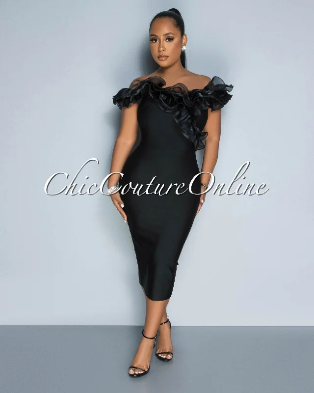 Leeda Black Ruffle Neckline Bandage Midi Dress