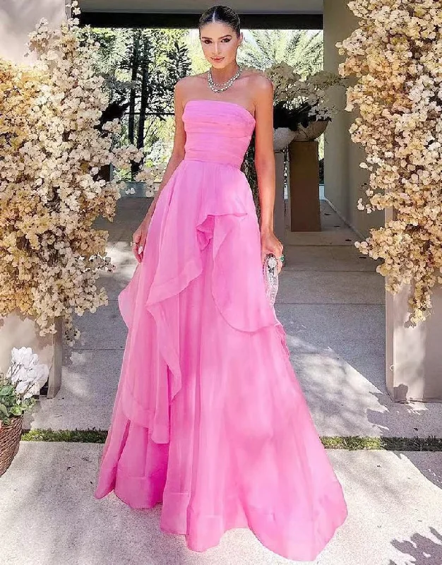 Light Pink A Line Strapless Organza Prom Dress gh2684