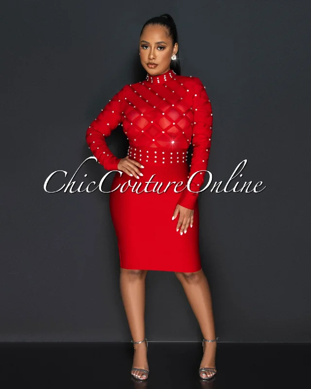 Louis Red Rhinestones Mesh Lattice Bandage Dress