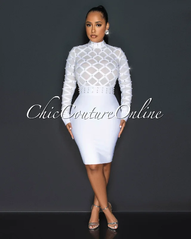 Louis White Rhinestones Mesh Lattice Bandage Dress