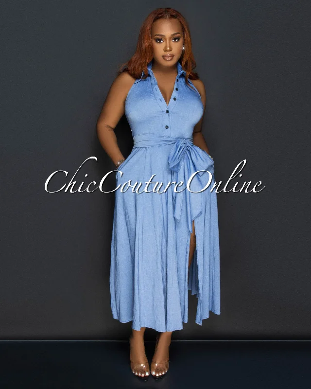 Louiza Blue Chambray Halter Midi Dress