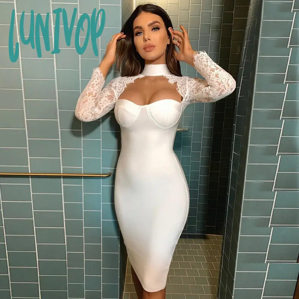 Lunivop Fashion Sexy Lace Long Sleeve Hollow Mini Bandage Dress Vestidos Elegantes Para Mujer Birthday Evening Cocktail Party Dresses