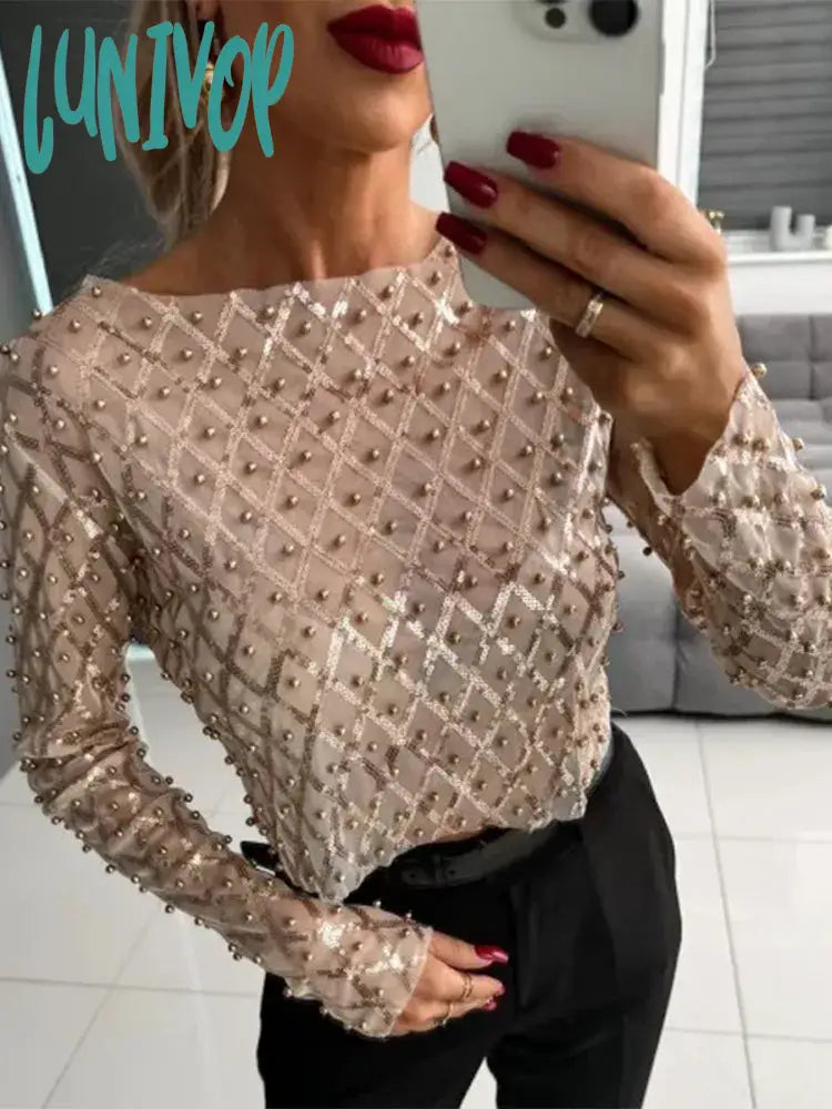 Lunivop Fashion Y2K Beading Colorful Sequin Women's Shirt Casual Round Neck Long Sleeves Pullover Top Lady Evening Club Chic Streetwear