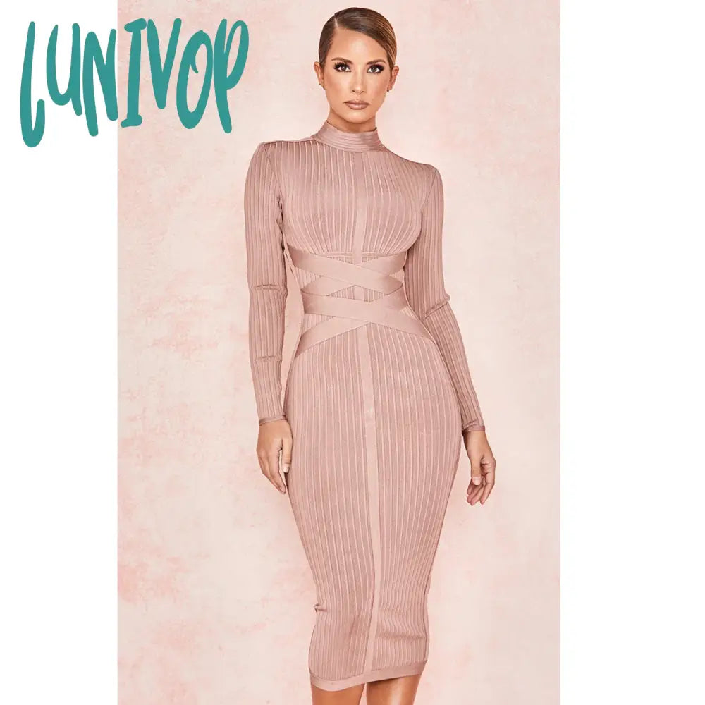 Lunivop  Long Sleeve Midi Bandage Dress Knitted Vestido Feminino Elegante Vintage Streetwear Formal Occasion Prom Robe Dresses