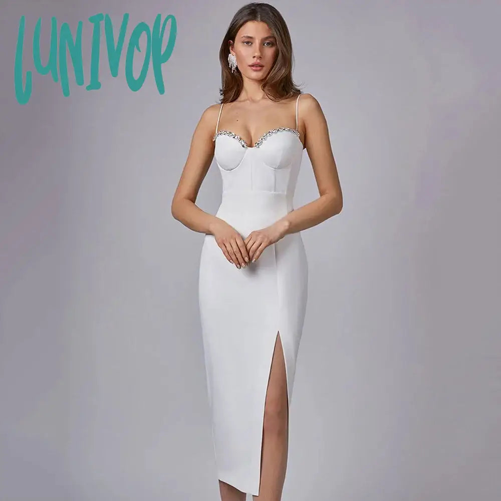 Lunivop  New Summer Women White Red Spaghetti Strap Bandage Dress Sexy Diamond Vestido Mujer Ropa Midi Club Evening Party Dresses