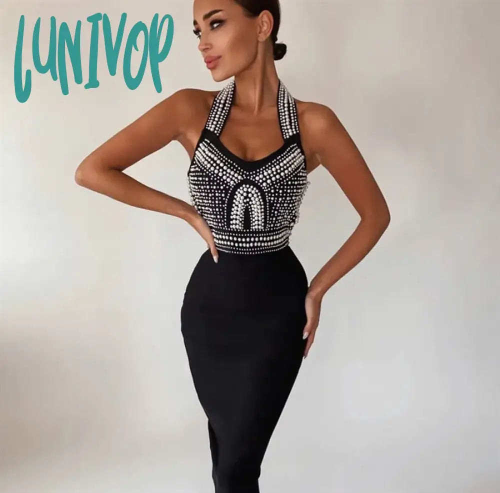 Lunivop Sexy New Black White Sleeveless V Neck Beading Bandage Dress Vestido Feminino Elegante Robe De Bal Evening Club Party Prom Robes