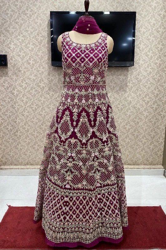 Magenta Stone and Silver Threadwork Bridal Gown