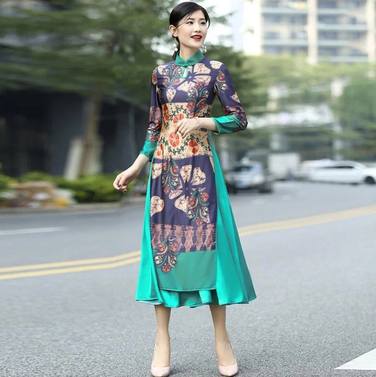 Mandarin Collar 3/4 Sleeve Tea Length Brocade Ao Dai Dress