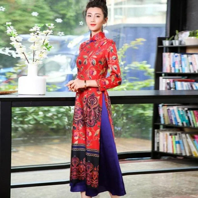 Mandarin Collar 3/4 Sleeve Tea Length Brocade Ao Dai Dress