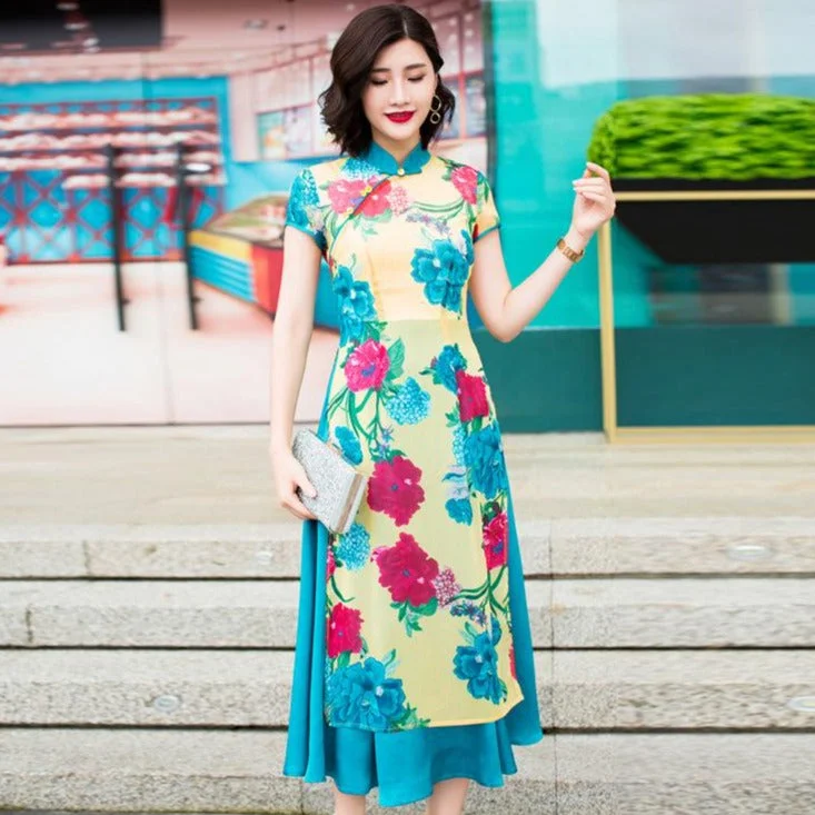 Mandarin Collar Cap Sleeve Tea Length Floral Silk Ao Dai Dress