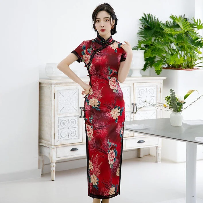 Mandarin Collar Floral Silk Full Length Traditional Cheongsam Chinese Dress