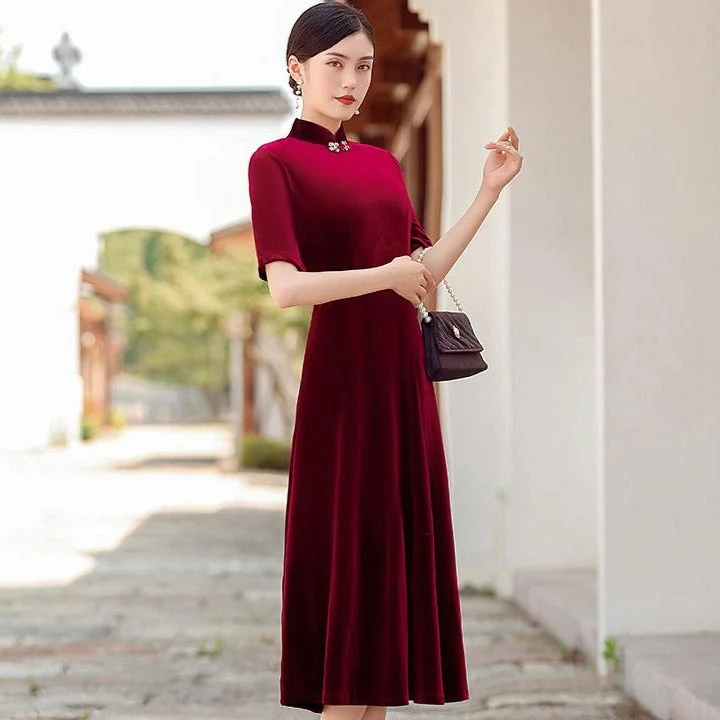 Mandarin Collar Half Sleeve Tea Length Cheongsam Top Mother Dress