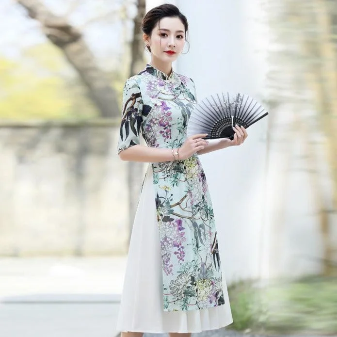 Mandarin Collar Half Sleeve Tea Length Floral Georgette Ao Dai Dress