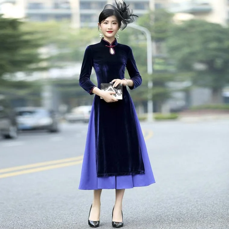 Mandarin Collar Long Sleeve Tea Length Velvet Ao Dai Dress