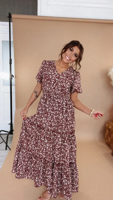 ECB Exclusive: Many Moments Floral Maxi Dress, Wine