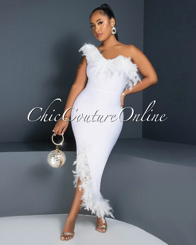 Maverick Off-White Feather Accent Bandage Midi Dress