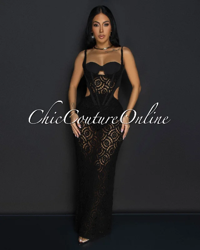 Melora Black Bustier Cut-Out Crochet Maxi Dress