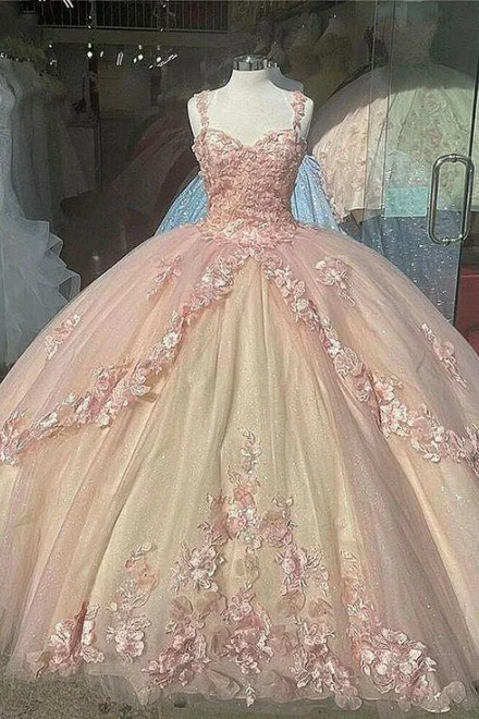 Quinceanera Sweet Tulle Ball Gown 16 Lace Pink Party Flower Sparkly Prom Dress  gh909