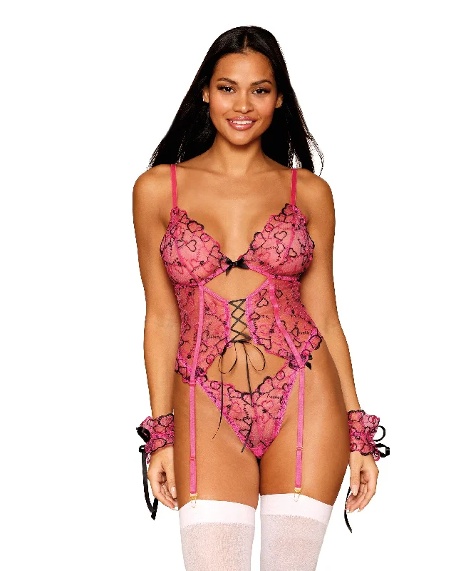 Multicolored Heart Embroidered Bustier, G-string and Wrist Restraints Set