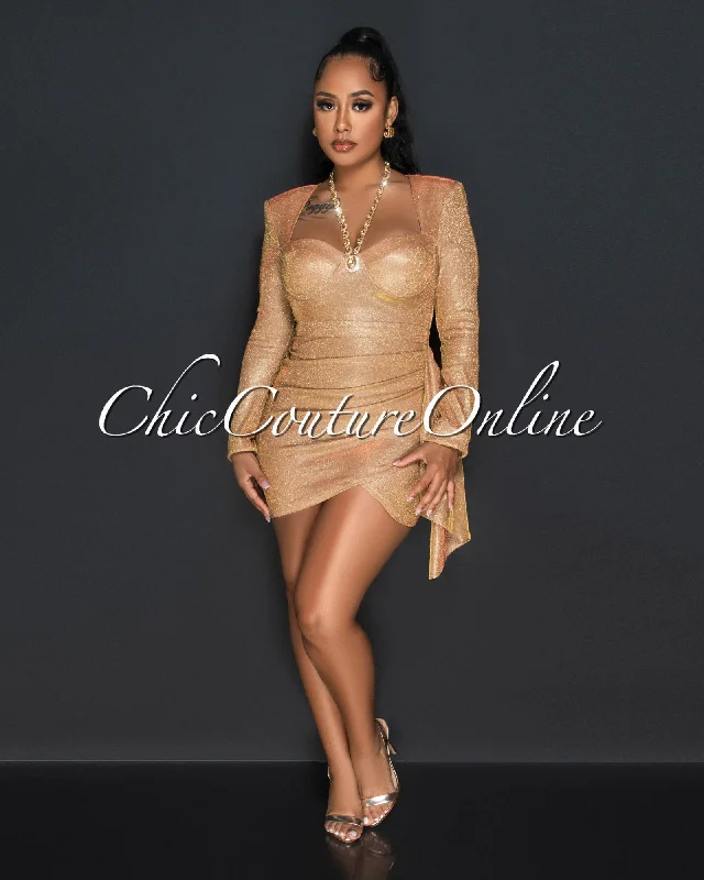 Nally Gold Shimmer Rhinestones Neckline Queen Anne Dress