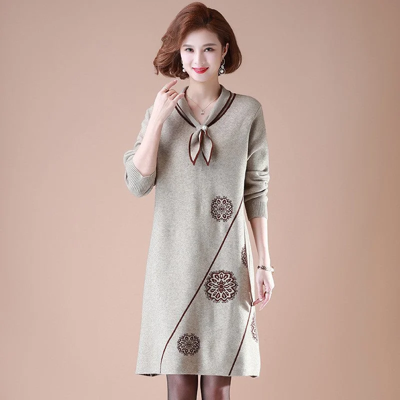 Neckerchief Collar Long Sleeve Knee Length A-line Floral Knit Dress