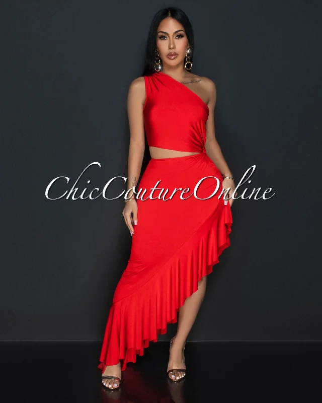 Nilia Tomato Red Cut-Out Hi-Lo Ruffle Hem Maxi Dress