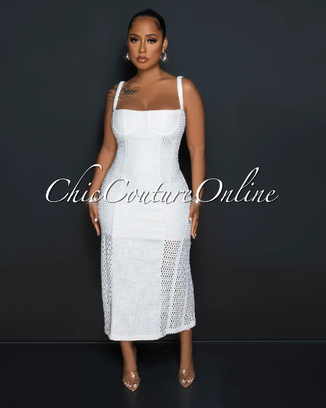 Oralia Off-White Crochet SIdes Midi Dress