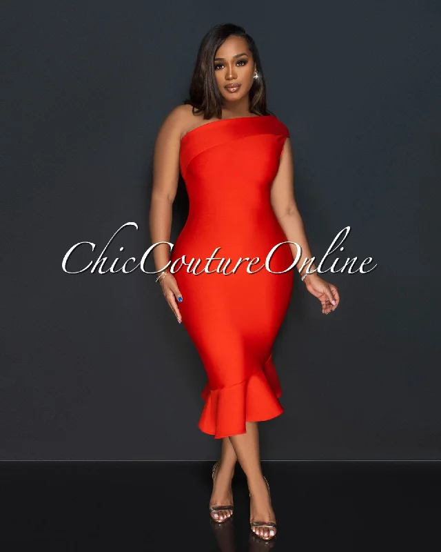 Patria Red Single Shoulder Ruffle Hem Bandage Dress