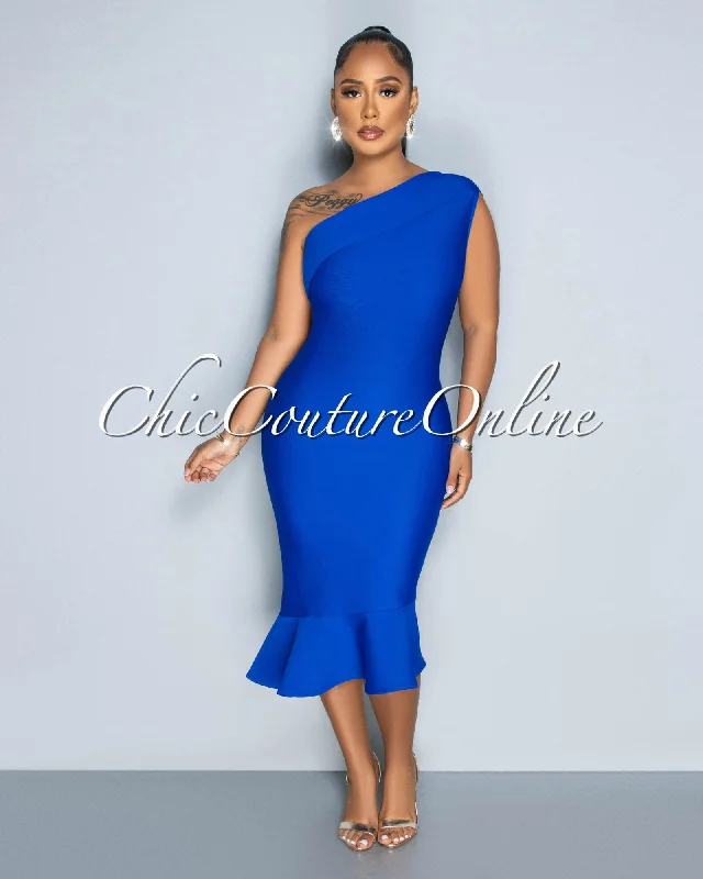 Patria Royal Blue Single Shoulder Ruffle Hem Bandage Dress