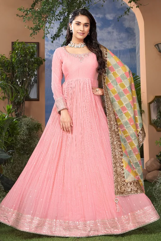 Peach Zardozi, Beads, Thread, Stone, Sequins and Zari work Floor Length Anarkali Suit